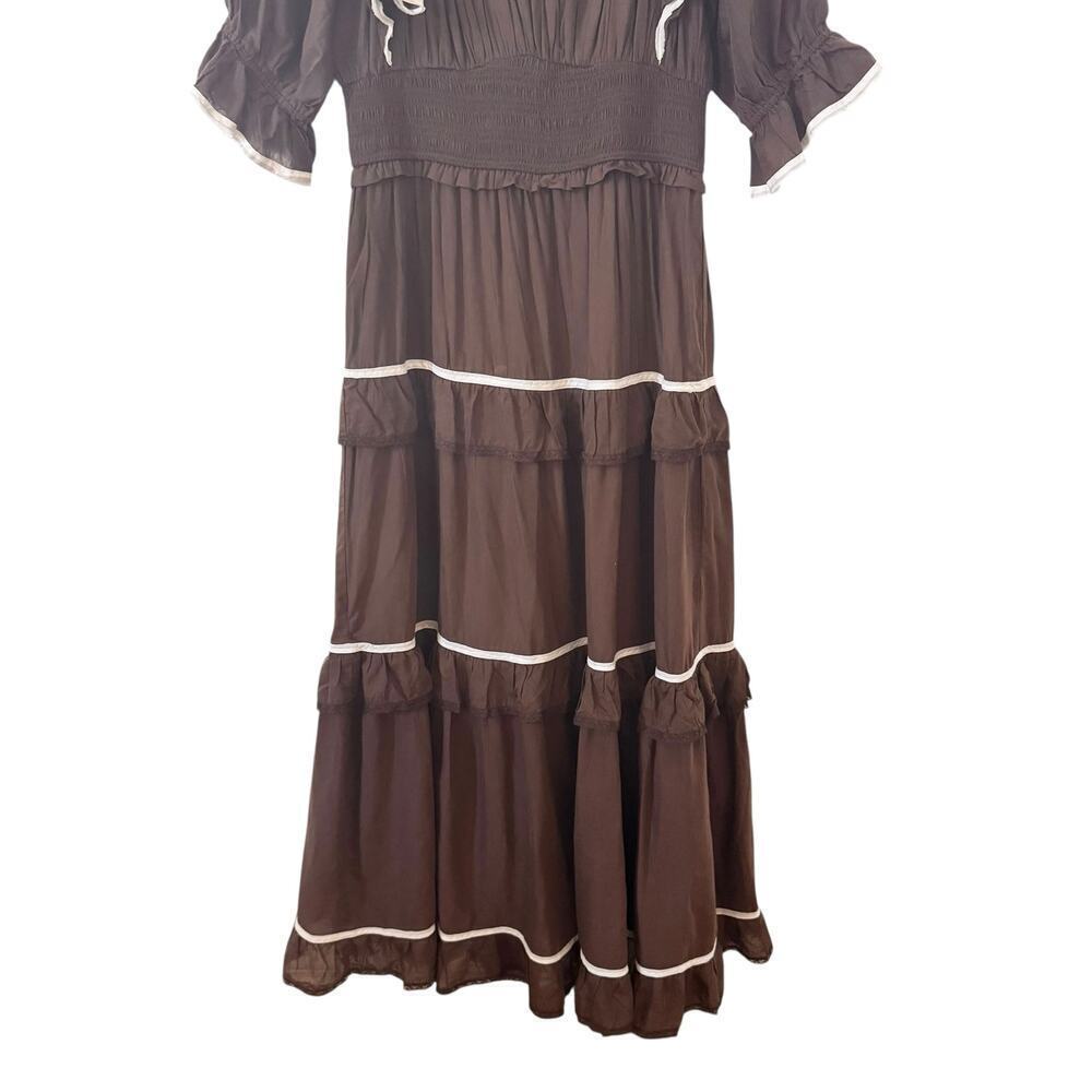 Anthropologie Puff Sleeve Scoop-Neck Tiered Maxi Dress Brown Western Size L - Picture 6 of 12